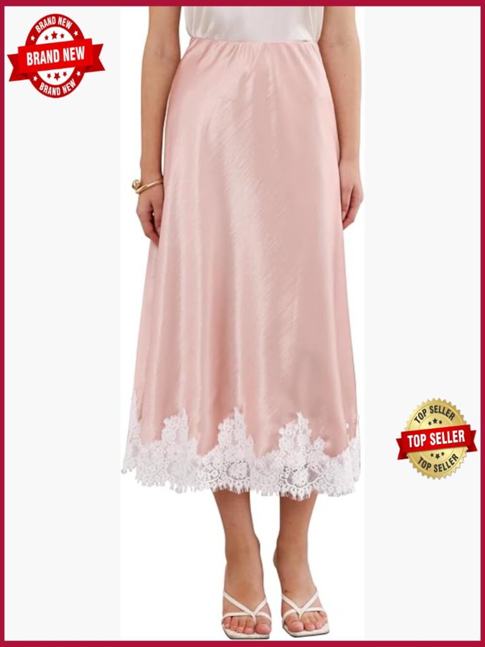 High Waist A-Line Silk Midi Skirt with Lace Hem